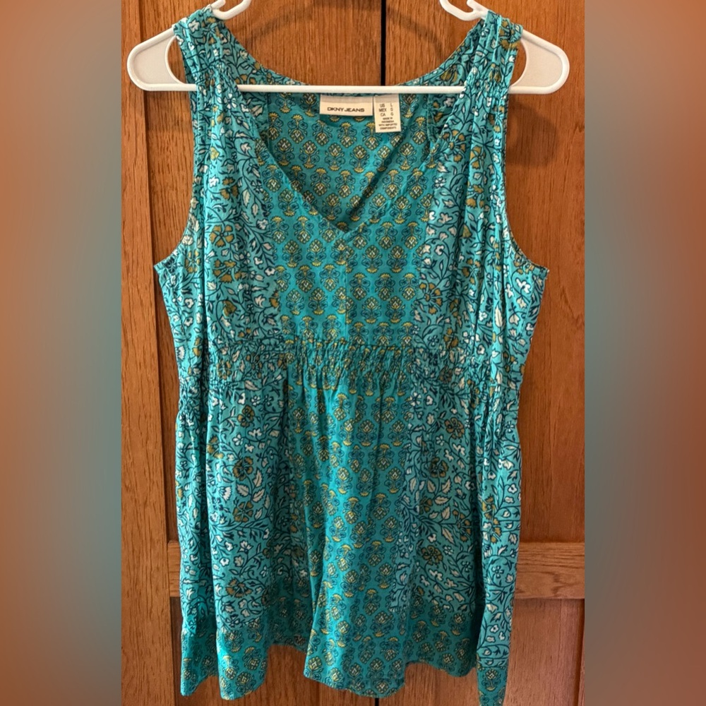 DKNY Jeans Teal Boho Sleeveless Top Shirt Tank sz Large EUC